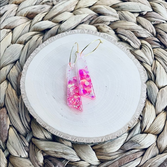 BOUTIQUE Resin Drop Earrings, Holographic Mixed Pink Chunky Glitter, Fun Hoops - Picture 6 of 11